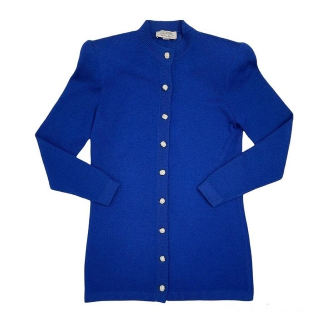 Vintage St John Neiman Marcus Cobalt Blue Knit Cardigan Rhinestone Buttons 4